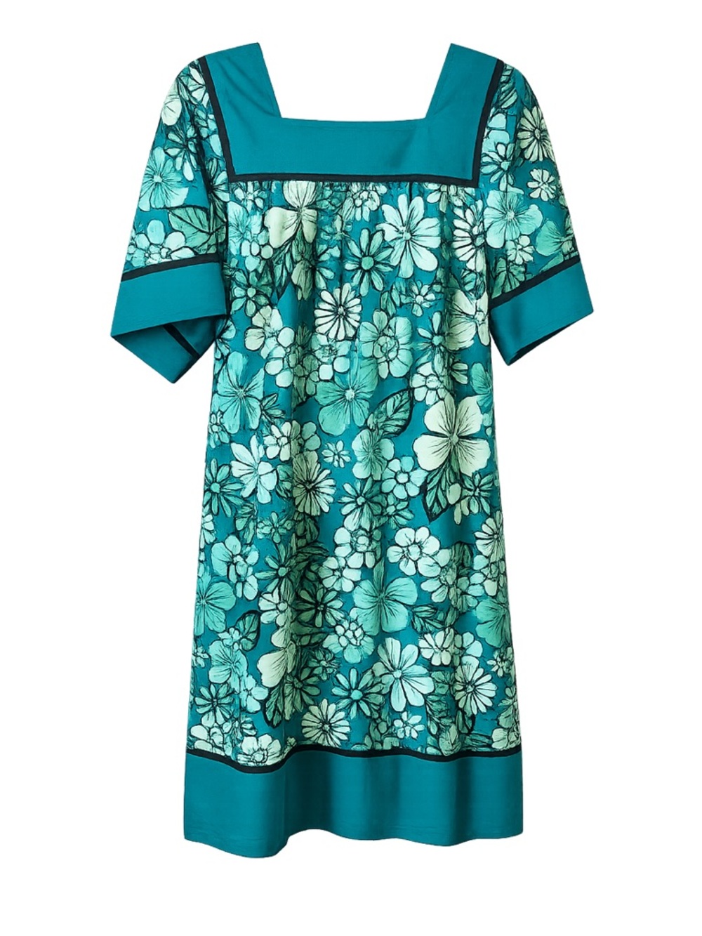 Bechamel Teal Floral Square-Neck Midi Dress